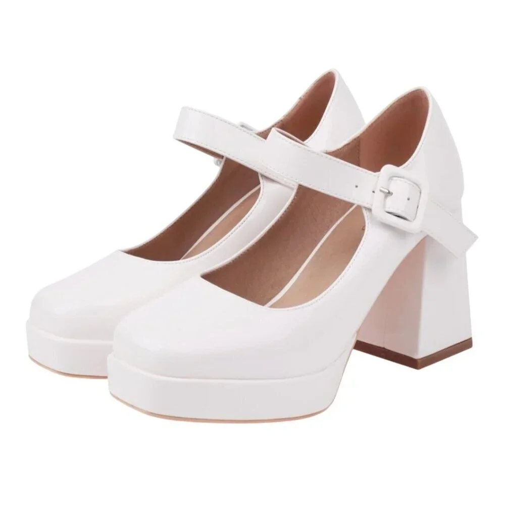 Latasa White Faux Patent Leather Platform Mary Jane Square Toe Size 40/9.5